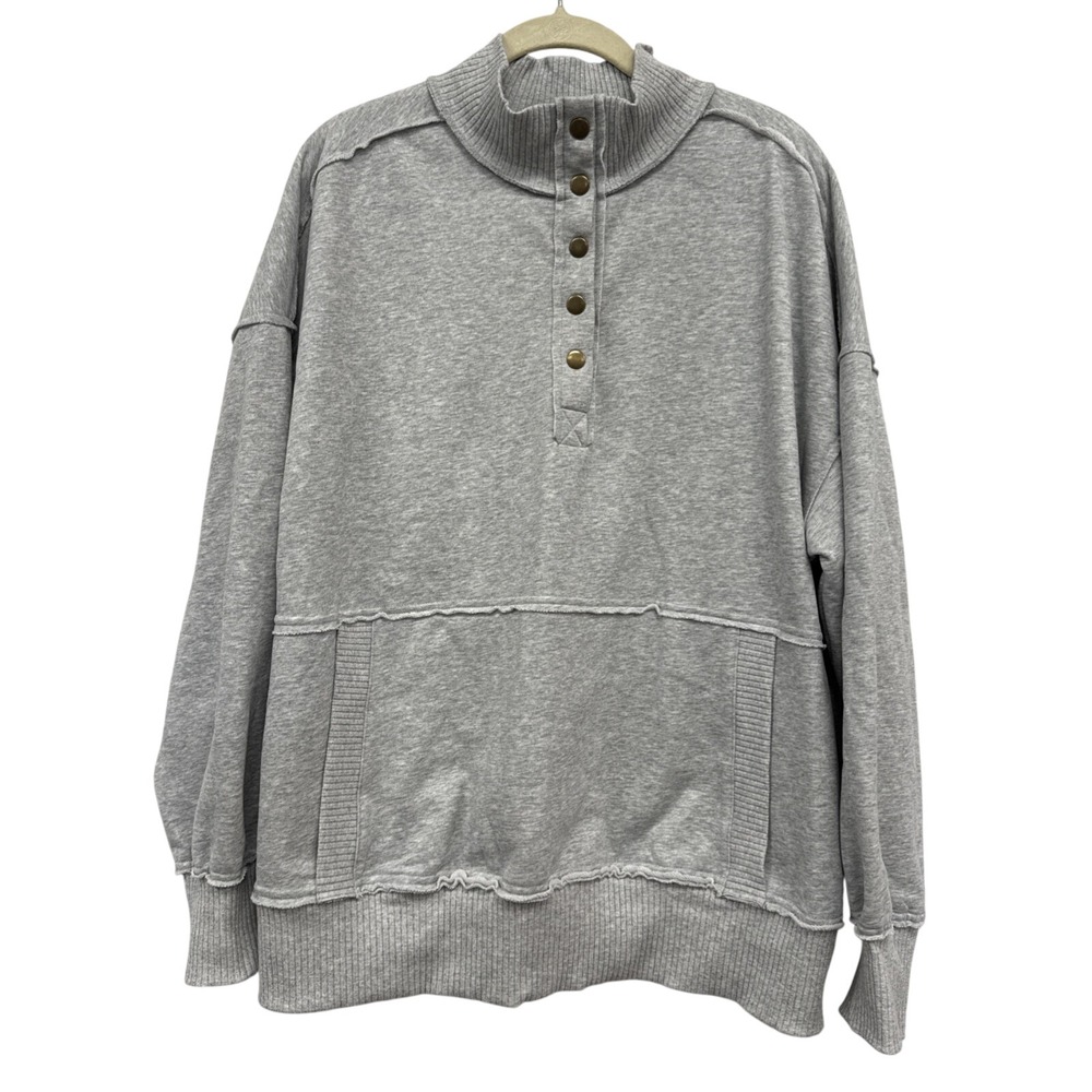Women's Size XL Pullover Sweater Sweatshirt With Snaps Gray Ribbed Pockets‎